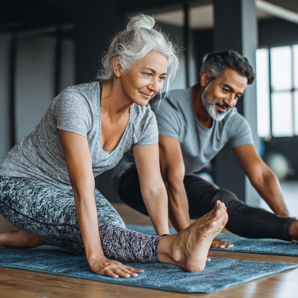 Femeie de 52 de ani lucrând cu un antrenor personal, executând exerciții de stretching pe o saltea de yoga într-un studio luminos