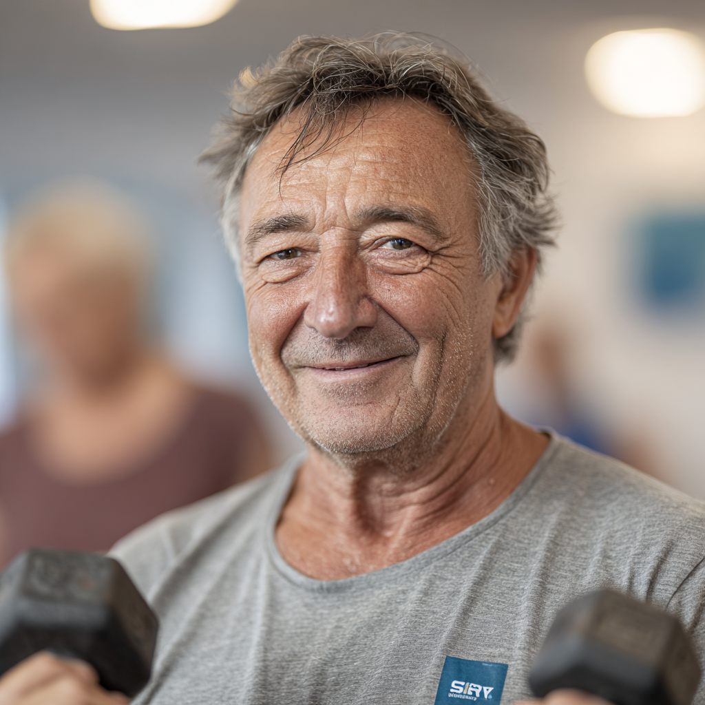 Bărbat de 58 de ani într-un tricou sport, participând la o sesiune de antrenament în grup, zâmbind și ridicând ușoare greutăți