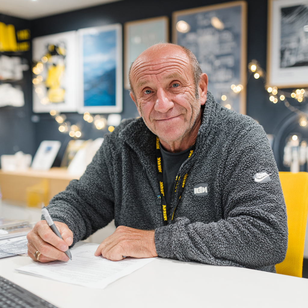 Bărbat de 62 de ani zâmbind în timp ce completează un formular, îmbrăcat în haine sport, într-un birou modern cu decorațiuni motivaționale